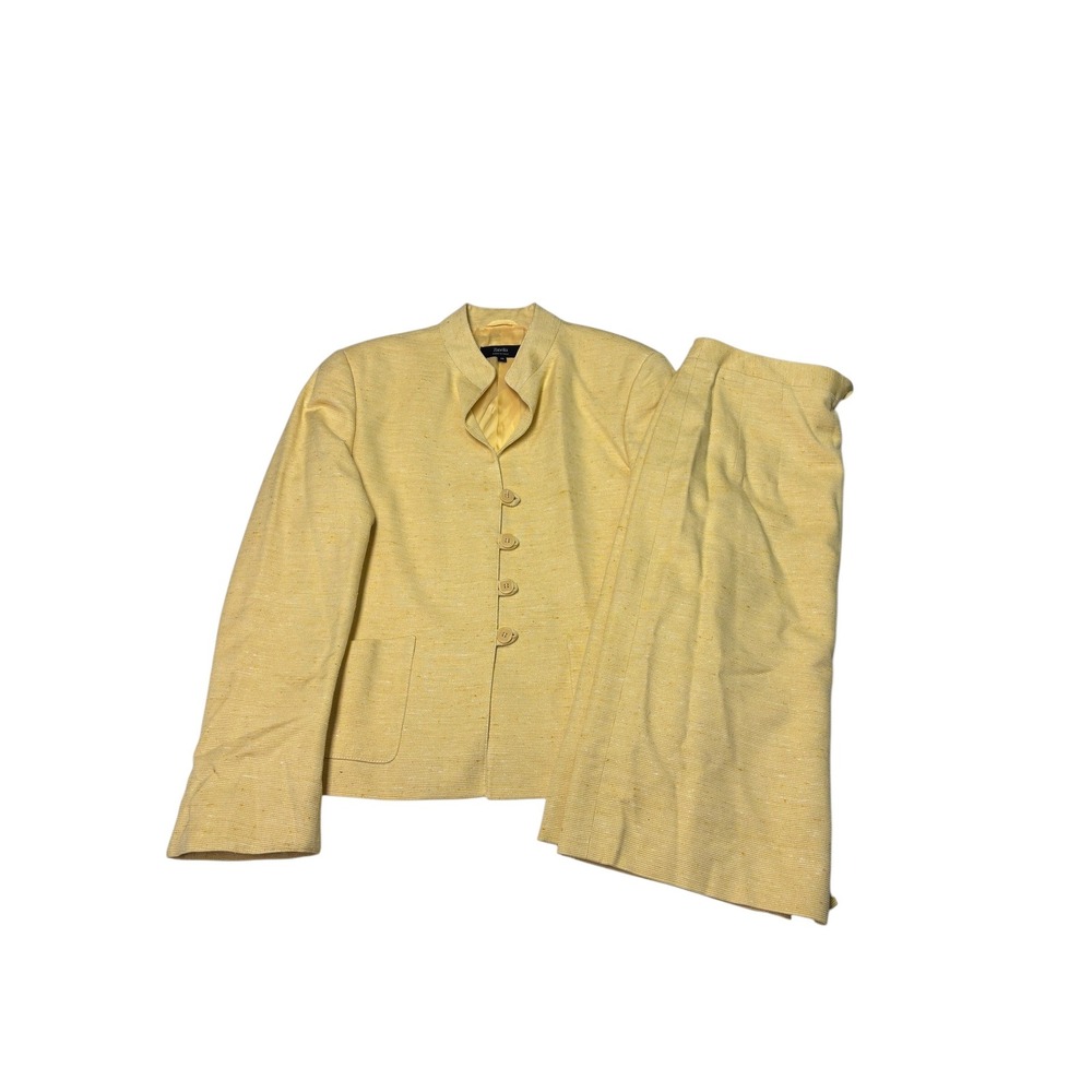 Zanella Yellow Silk Blend Skirt 2-pc Suit Set Mandarin Collar Size 10 Made Italy